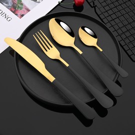 JASHII With Supporting shelf 24 Pieces Utensils Cutlery Set, Hanging Stainless Steel Flatware Set for 6, Include knife fork spoon and stand, Mirror, Dishwasher Safe - Black Gold
