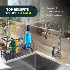 Edmie Soap Dispenser, Kitchen Countertop Organizer and Storage Essentials, Stainless Steel, Kitchen sink Sponge Holder, Tall Brush Holder, Black