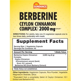 Sundance Berberine with Ceylon Cinnamon | 2000mg | 40 Capsules | Vegetarian, Non-GMO & Gluten Free Supplement
