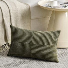 Fancy Homi Olive Green Lumbar Decorative Throw Pillow Covers 12x20 Inch for Living Room Couch Bed, Farmhouse Boho Home Decor, Soft Striped Corduroy Rectangle Accent Cushion Case 30x50 cm
