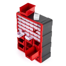 INTERTOOL Hardware and Craft Storage Organizer Cabinet, 39 Compartment Drawers and Bins, Plastic Container for Storing and Organization, Black and Red BX08-4015