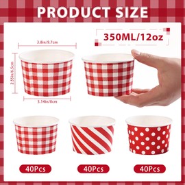 Grencian 120 Pcs Summer Ice Cream Cups 12 oz Disposable Red Buffalo Plaid Paper Dessert Bowl Polka Dot Food Yogurt Cup Containers Red White Stripe Snack Bowls for Soups Candies Picnic Party Supplies