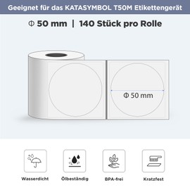 SUPVAN Katasymbol T50M Pro Label Tape Paper, Waterproof Labels for Home, School, Office, Diameter 50 mm, 140 Labels/Roll (Transparent)