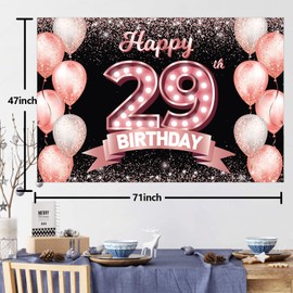 Happy 29th Birthday Rose Gold Banner Backdrop Cheers to 29 Years Old Confetti Balloons Theme Decor Decorations for Women 29 Years Old Pink Birthday Party Bday Supplies Background Favors Gift Glitter