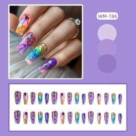 Long Square Press on Nails Coffin Fake Nails Colorful Glass Window Ballet False Nails Press Ons with Designs Acrylic Glue on Nails Full Cover Artificial Colorful Stick on Nail for Women 24Pcs