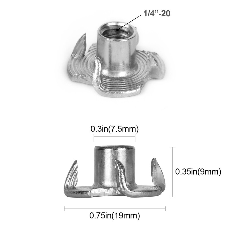 T Nuts 1/4"-20 30Pcs 304 Stainless Steel Four-jaw Tee Nuts