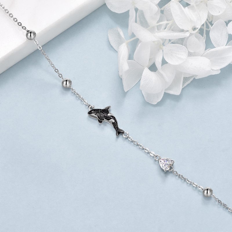 POPLYKE Sterling Silver Killer Whale Orca Beaded Adjustable Bracelets Jewellery