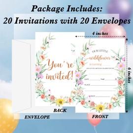 Gsauto Wildflower Birthday Invitations, 20 Invitation Cards with Envelopes, Spring Floral Invites for Girl Party Decorations Favor Supplies - A02