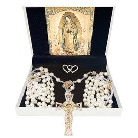 ESNOY Lazo Para Boda,Wedding Lasso for Ceremony,Lazos Para Boda Catolica,Lazos Para Bodas De Iglesia Para Novios,Pearls Bead Rosary with Unity Cross for Wedding Ceremony,Lazo De Bodas Para Los Novios