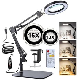 Lupa con luz LED 15X/10X，3 Modos de Color Lampara con Lupa y Luz Led, con Mando a Distancia, Soporte y Pinza, Apagado Temporizado, 72 Cuentas de Lámpa