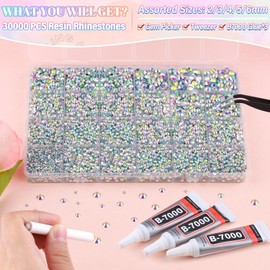 30000Pcs Resin AB Rhinestones for Bedazzling Crafting with b7000 Jewelry Glue, Bulk Flatback Gems Bedazzler Kit for Crafts Clothes Shoes Fabric Nail Diamond Art, Assorted Size 2/3/4/5/6mm