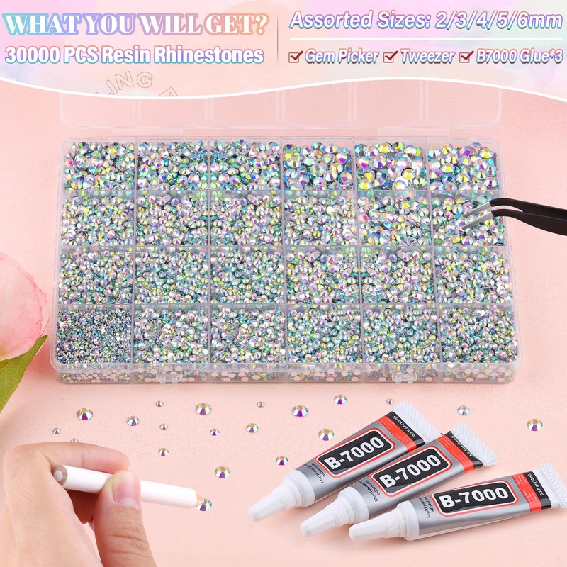 30000Pcs Resin AB Rhinestones for Bedazzling Crafting with b7000 Jewelry