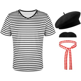 Zhanmai 4 Pcs Mardi Gras French Men Mime Costume Black and White Stripe Neck Short Sleeve T Shirts Black Beret Red Grid Scarf (Medium)