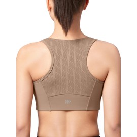 Yvette High Impact Sports Bras for Women Zip Front Racerback Supportive Bras for Large Bust, Brown, M+