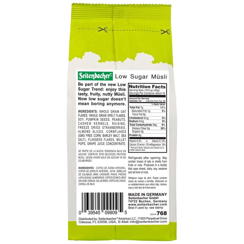 Seitenbacher Low Sugar Muesli Natural Cereal, 16 Ounce