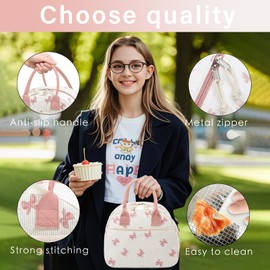 Carry bloom Lunch Box for Women, Insulated Lunch Bag Cute Corduroy Lunchbag Reusable Lunchbox for Work,pink bow
