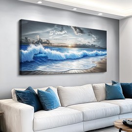 PHAOHUAXM Wall Decor For Living Room Wall Art For Bedroom Office Restaurant Decoration Black White And Blue Ocean Wave Landscape Painting Canvas Pictures Printing Artworks Modern Home Decor 20"X40"