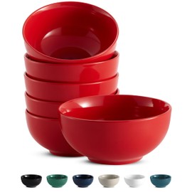 KooK Soup Bowls, Cereal Bowl, Ceramic, Bowls for Kitchen, Microwave, Dishwasher and Freezer Safe, Porcelain Dishes for Pasta, Salad, Oatmeal, Deep Interior, 20 oz, Set of 6, (Red)