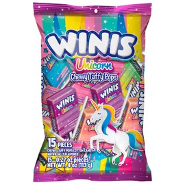 Winis Unicorn | Chewy Taffy Pops | Cotton Candy Flavored | Sharing Size 4.3 Oz Bag - 15 Pieces | Gifts, Holiday, Parties, Concessions, Pantry, Non-Melting, Party