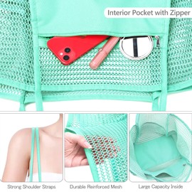Ayieyill Mesh Beach Tote Large Bag Womens Shoulder Handbag with Multiple Pockets for Women Family Beach Pool Swimming Travel Vacation (L/Cyan)