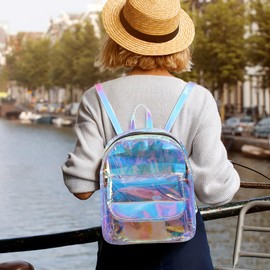 TENDYCOCO Iridescent Rave Backpack Holographic Backpack Small Clear Backpack Daypack Hologram Clear Rave Bag Transparent Backpack for Women