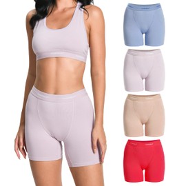 Comfneat Women's 4-Pack Boyshorts Cotton Spandex Boxer Briefs Stretchy Underwear (Blue+Rosa+Magenta+Sand 4-Pack, XL)