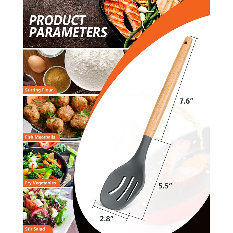 Large Silicone Cooking Spoons, 2 Pack Nonstick Solid and Slotted
