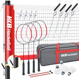 Haokelball Badminton Set for Backyard, Portable 20 Feet Badminton Net with Poles, 4 Badminton Rackets & 4 Shuttlecocks, Stable Net Tension Design, Carry Bag Included (Red)