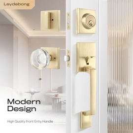 Leydebong Front Door Handles and Single Cylinder Deadbolt, Gold Door Lock Sets with Glass Knobs, Universal Entry Door Handles for Right/Left Handed Doors