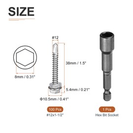 DTGN 100Pcs #12x1-1/2" Hex Washer Head Self Drilling Screws, 410 Stainless Steel Self Tapping Sheet Metal Screw Set with Washer & Hex Bit Socket