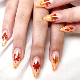 Fall Press on Nails Thanksgiving Medium Almond Fake Nails with Designs Maple Leaf Orange French Tip Glue on Nails 24 Pcs Reusable Acrylic Nail for Women WYFHDT