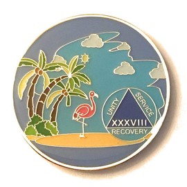38 Year AA, Alcoholics Anonymous Beach Medallion, Chip, Token, Blue, Palm Tree with Flamingo