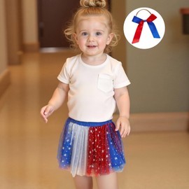 4th of July Tutu Girls Red White and Blue Tulle Skirts Sparkle Stars Fluffy Dress Kids Toddler Fourth of July Outfit (Red White and Blue, 2-3 Years)
