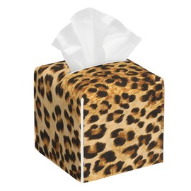 Brown Leopard Tissue Box Cover,PU Leather Tissue Box Holder Square,Modern Home Decoration for Bathroom Living Room Kitchen Office Car,5.2"×5.2"×5.2"