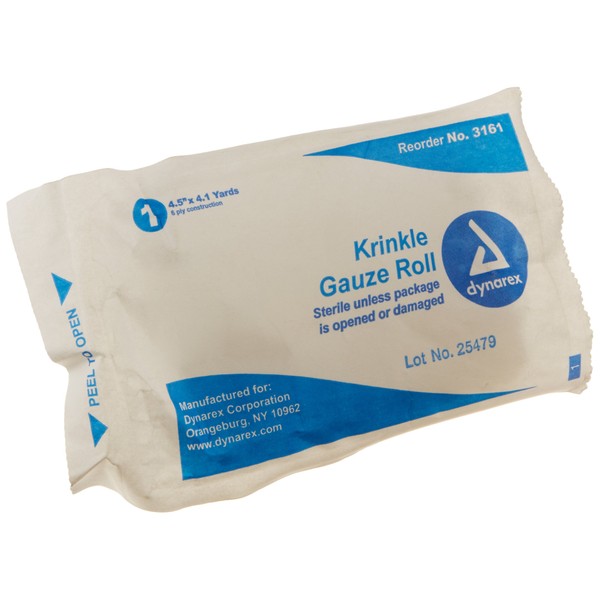 Dynarex 2539 Sterile Krinkle Bulky Gauze Bandage Roll, 6 Ply, 4.1 yds Length x 4-1/2" Width