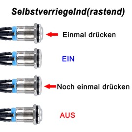 JIQI 2 x 12 mm latching pressure switch, metal, 12 V to 24 V, 2 A, latching on/off switch with yellow LED symbol, IP66, 1NO self-locking waterproof push button for boat, truck, RV car (high head)