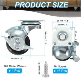PATIKIL 1.5 Inch Ball Caster Wheels with Brake, 4 Pack 360° Rotating Swivel Top Plate Wheels 298 lbs Total Capacity Locking Caster with M4 Screws for Furniture Table Cabinet Silver