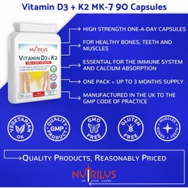 Nutrilus Vitamin D3 3000 IU and K2 MK-7 100mcg 90 Capsules - not Tablets - One Daily Supplement - Muscles - Bones - Teeth - Immune System