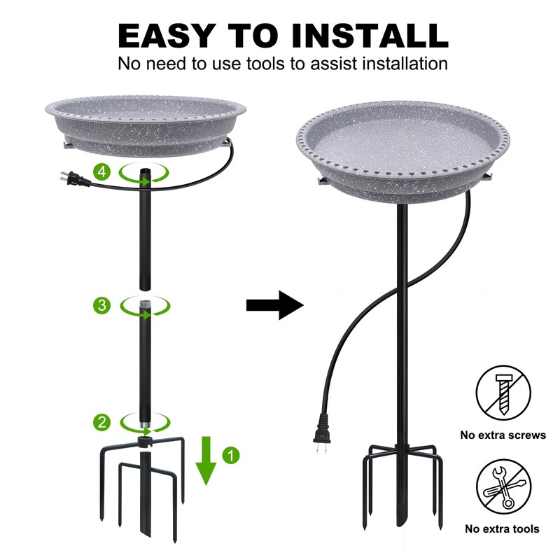 BIRD WISH Heated Bird Bath, Stable 5-Prong Metal Base Thermostat
