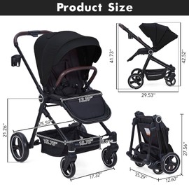 Stroller for Newborn, Convertible Baby Pram with Reversible Seat and One-Hand Fold, High Landscape Toddler Infant Pushchair with Storage Basket, Adjustable Footrest & Canopy, UPF 50+ Canopy (Black)