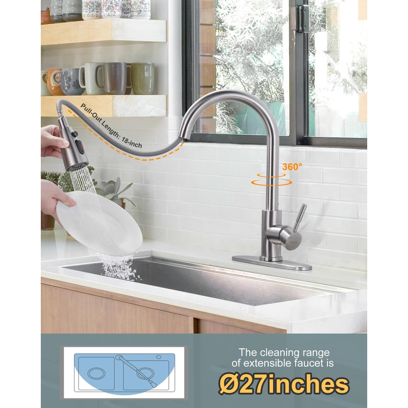WOWOW Kitchen Faucet with Sprayer, Kitchen Sink Faucet, SUS 304
