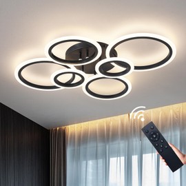 Shine LUEST 6 Rings Black Modern LED Ceiling Light Fixture, Flush Mount Ceiling Light with Remote Dimmable Brightness, Adjustable 3000-6000K Color Temperature, Timer for Living Room, Bedroom