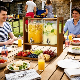 2 PCS 1.2 Gallon Drink Dispenser, Glass Beverage Dispenser with Wood Stand and Detachable Food Platter, Party Drink Dispensers for Lemonade, Juice, Tea, Ice Coffee