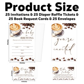 CIAEXRN A Baby Is Brewing Baby Shower Invitations - 25 Coffee Invites with Envelopes, Diaper Raffle Tickets, Book Request Cards, Party Decorations Supplies Favors -08
