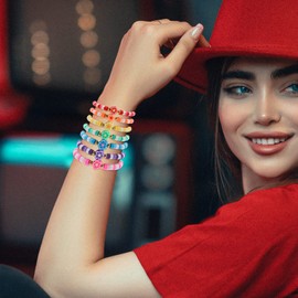 Rainbow Flower Beaded Bracelets for Women Stackable Colorful Friendship Bracelets Bulk Bohemian Heishi Surfer Bracelets Set Clay Stretch Bracelets Elastic Summer Beach Boho Jewelry Gift for Women