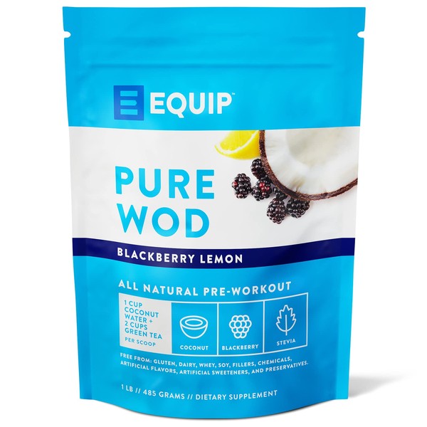 Equip Foods PureWOD Natural Pre Workout Energy Powder - with 200 mg Green Tea Caffeine, BCAA, Creatine Monohydrate, and L Carnitine - 1.07 Pounds, BlackBerry Lemon-Naturally Boosts Your Workouts
