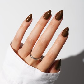 KQueenest Dark Brown Press On Nails Short - Acrylic Press On Nails Almond, Sheer Coffee Short Fake Nails with Glue, Glossy Opaque, Stiletto Reusable Soft Gel Glue on Nails for Women, 30 Pcs