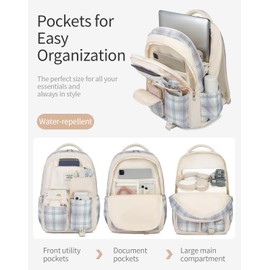 VANKANY Schoolbag for Teen Girls, Cute Book Bag Backpack with 17.3in Laptop Compartment for Big Student Women College Mochilas Escolares para Niñas (Beige)