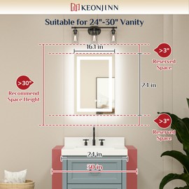 Keonjinn LED Mirror for Bathroom 16 x 24 Inch, Frontlit & Backlit Bathroom Vanity Mirror with 3 Color Lights, Lighted Bathroom Mirror with Anti-Fog, HD Tempered Glass, UL-Listed LED Driver, CRI90+
