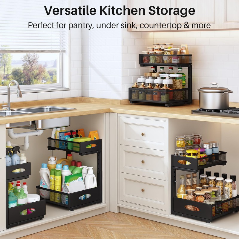 Under Sink Organizer, 2 Pack 2 Tier Pull Out Under